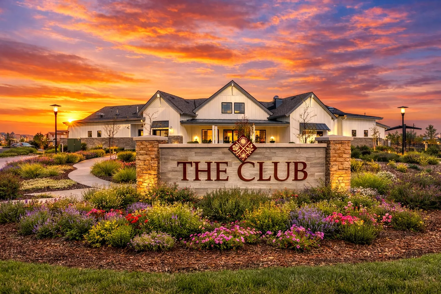 The Club clubhouse entrance sign at Four Seasons at Homestead in Dixon, California, at dusk with landscaped grounds