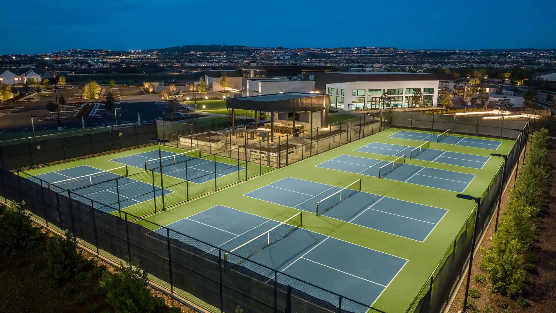 The lighted pickleball courts at Regency at Folsom Ranch in Folsom, California