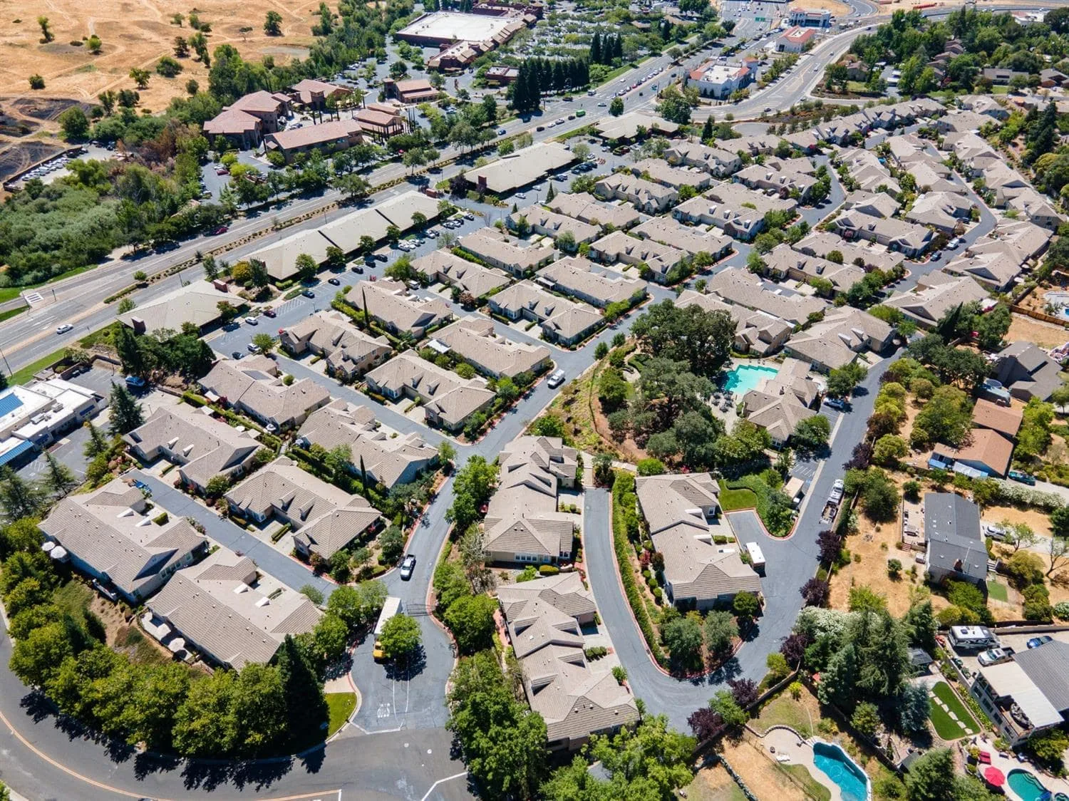 A drone view of Versante, the 55+ active-adult community in El Dorado Hills, California