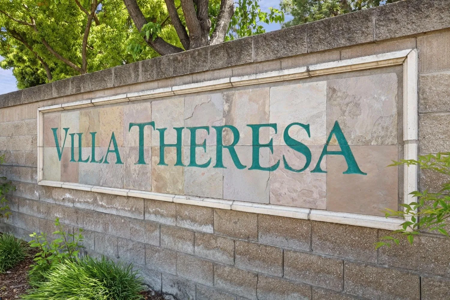 The entrance sign at Villa Theresa, the 55+ gated active-adult community in Stockton, California