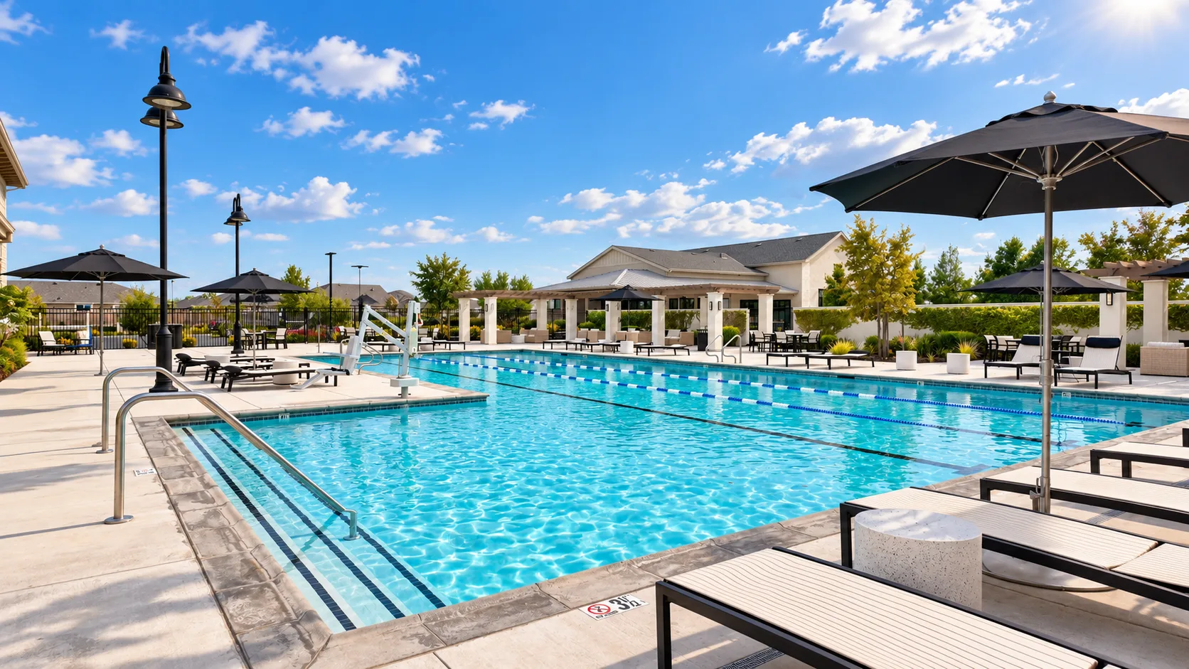 The resort pool at Club Liberty in the Summit at Liberty 55+ community in Rio Vista, California