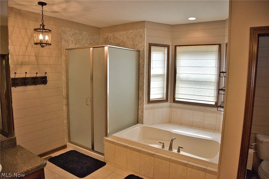 Primary bathroom with a frosted glass shower enclosure and soaking tub