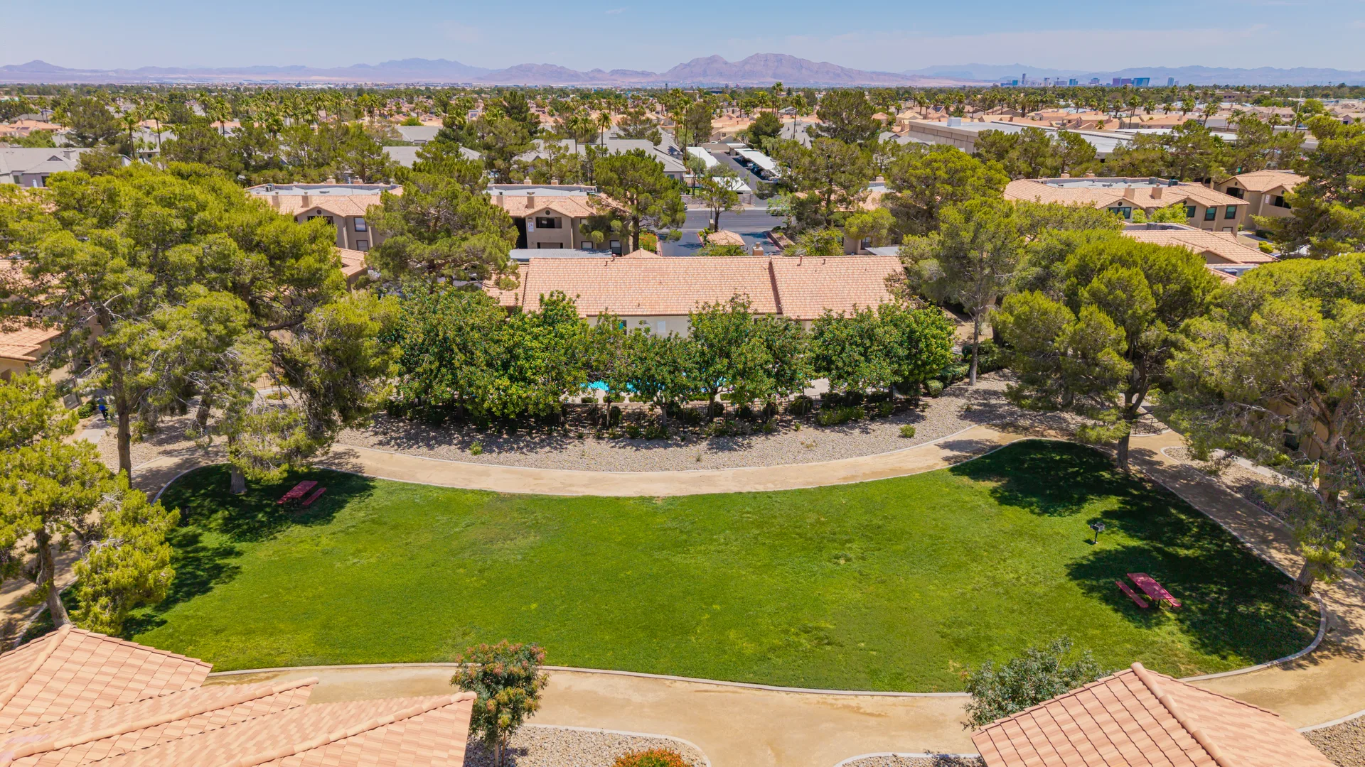 Aerial view of the Alondra Condominium Homes community and surrounding green space in Las Vegas