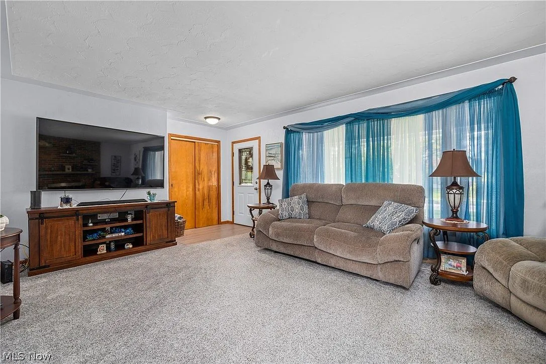 Living room with light grey walls, wall-to-wall carpeting, and front windows