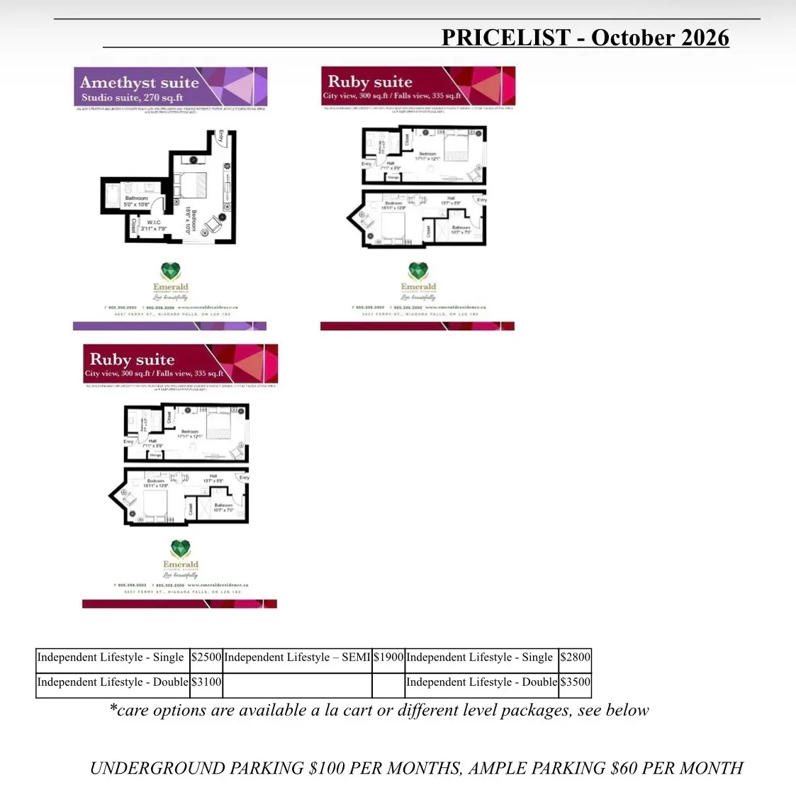 The Emerald Residence pricing and floor plan document showing independent living pricing and parking fees