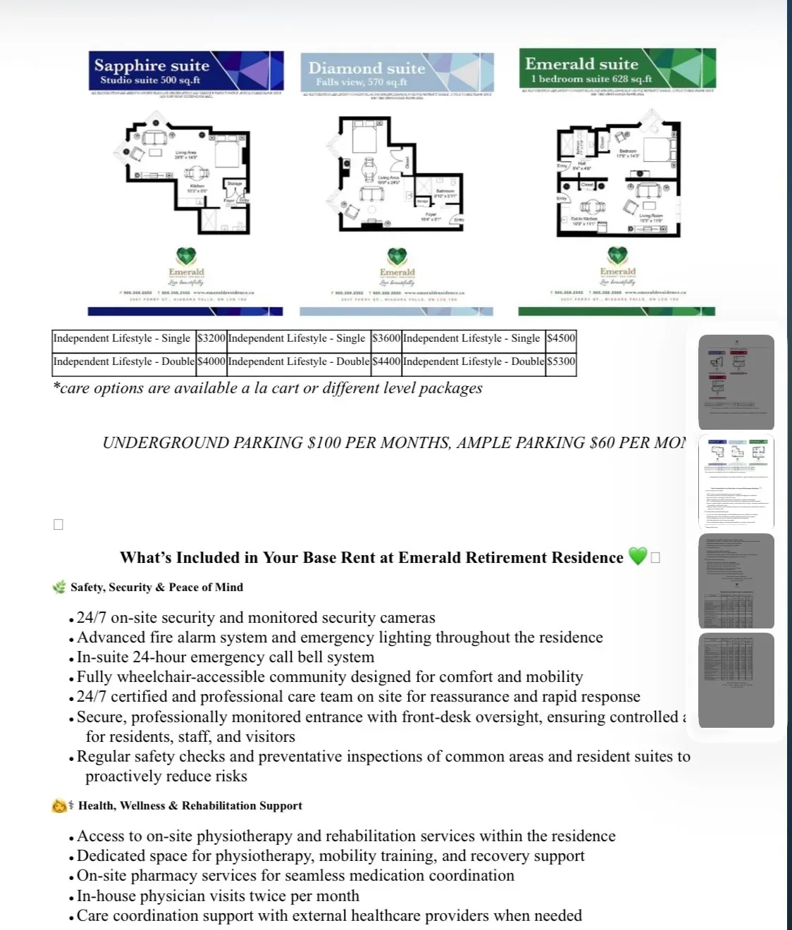 The Emerald Residence suite brochure showing the Sapphire, Diamond and Emerald floor plans