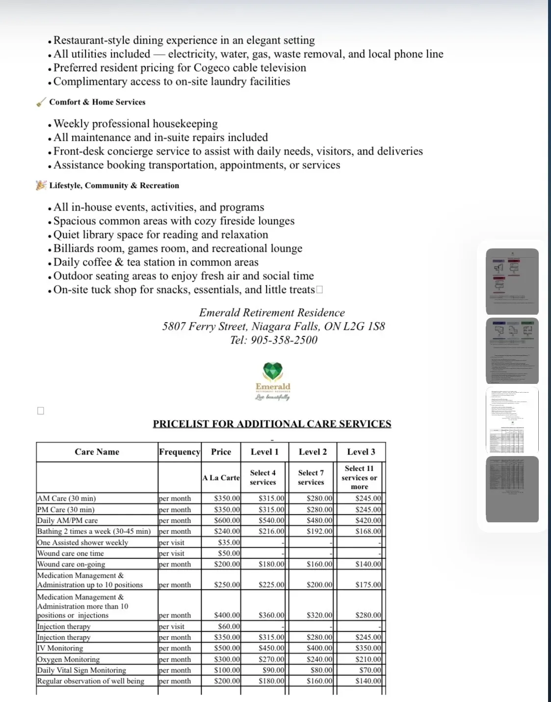 The Emerald Residence document listing resident services and pricing for additional care levels