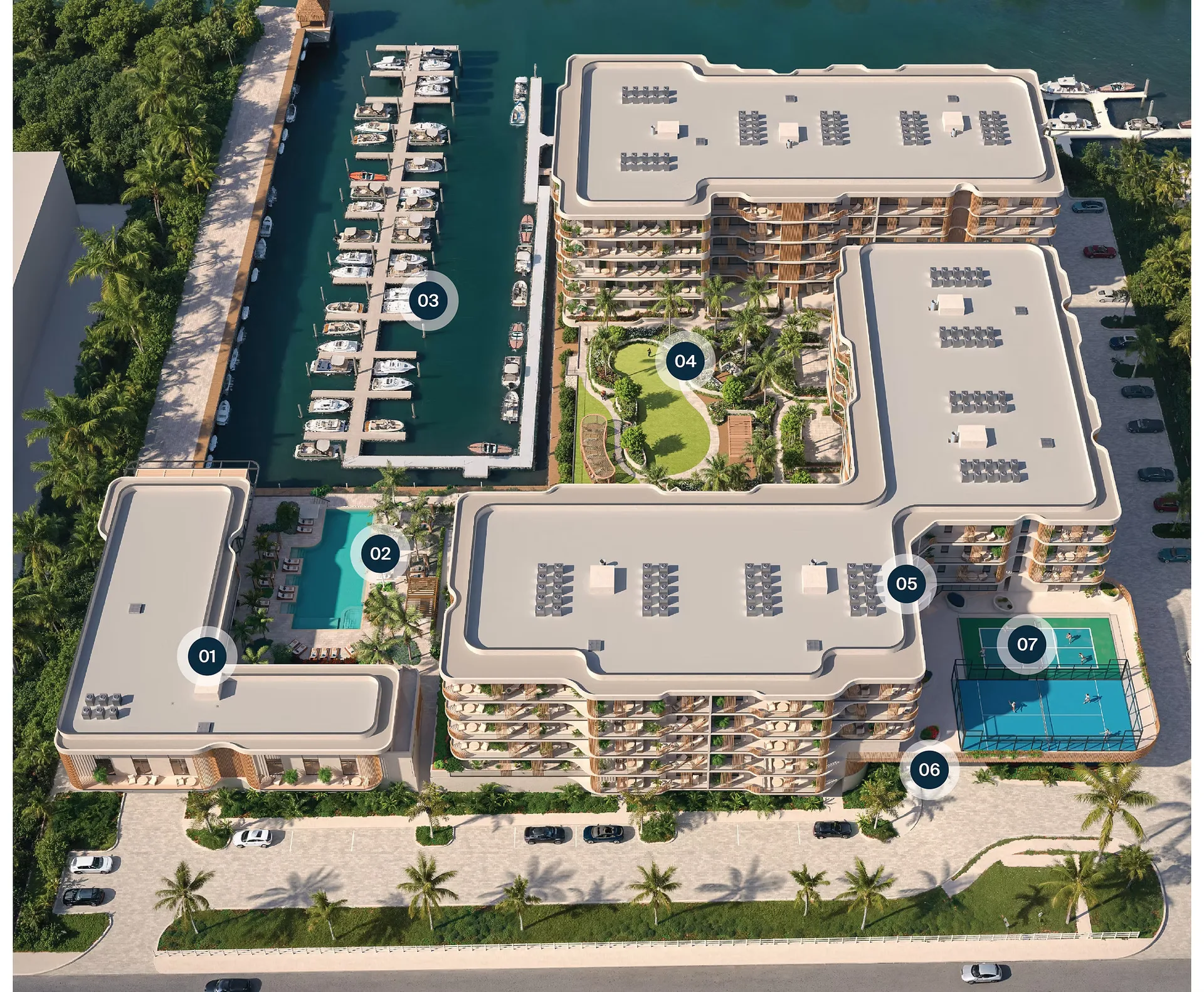 Vista aerea de The Halcyon Residences and Marina, un complejo residencial frente al agua en Napoles, Florida, con una marina privada, piscina estilo resort y jardines