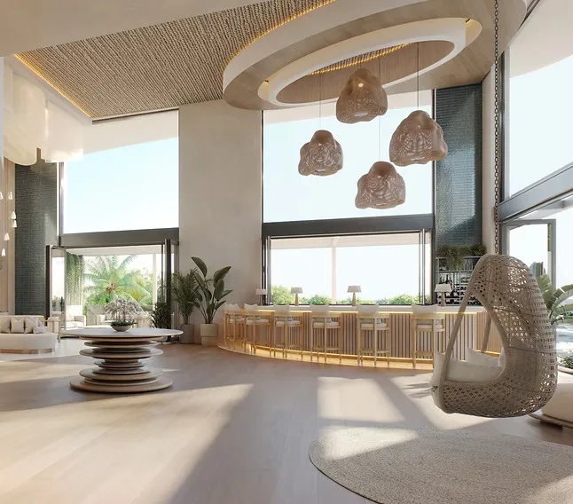 Sala abierta con bar en The Halcyon Residences and Marina, con ventanales de piso a techo, lamparas tejidas y tonos de madera calidos