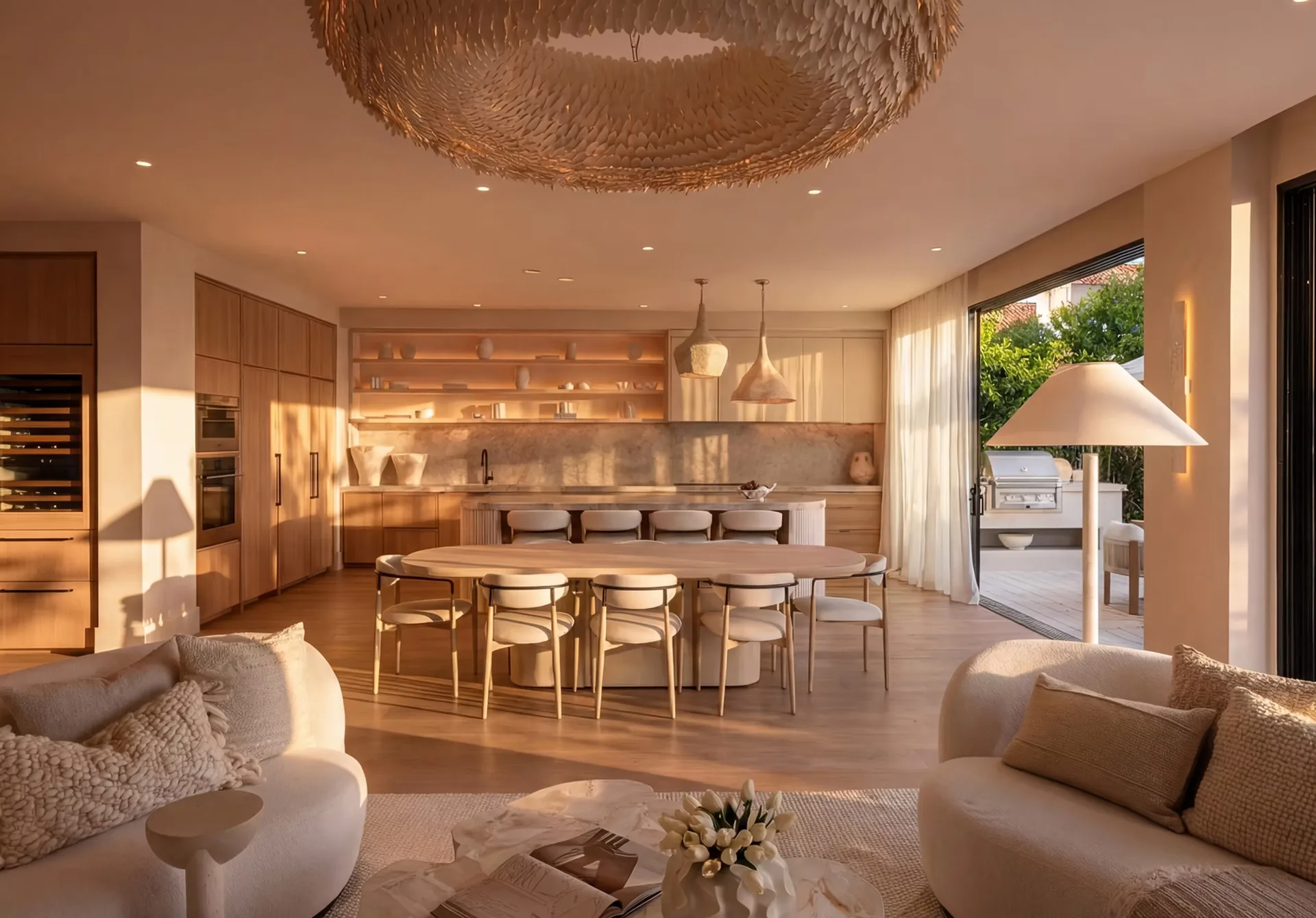 Cocina y comedor de concepto abierto y moderno en The Halcyon Residences and Marina con gabinetes de roble y una isla de marmol