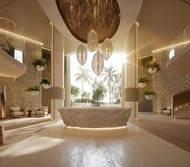 Lobby de recepcion entrepiso de The Halcyon Residences and Marina con piedra, madera y plantas tropicales