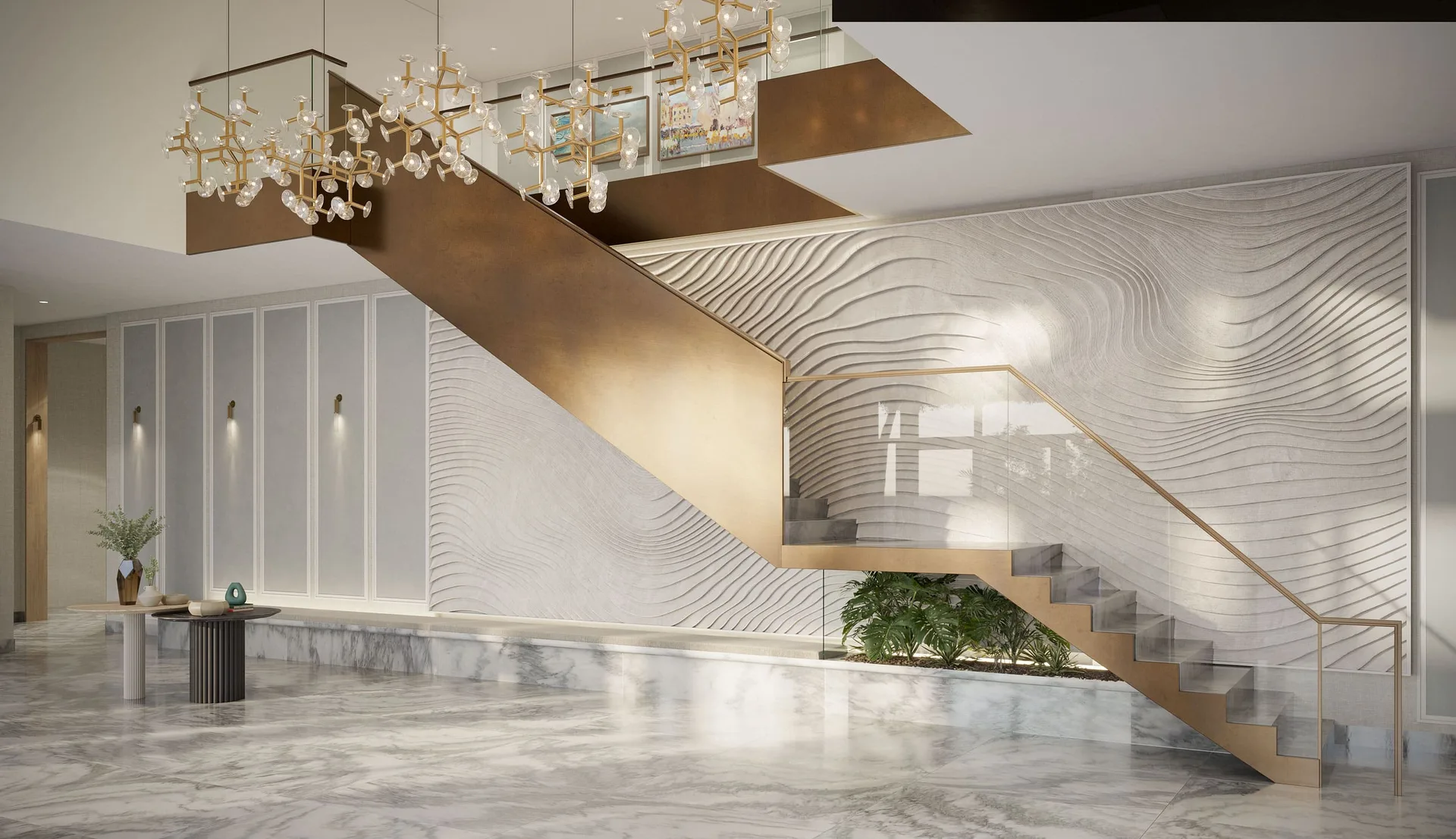 Escalera de entrada del penthouse en Rosewood Residences Naples con pisos de marmol, baranda de bronce y pared decorativa de olas