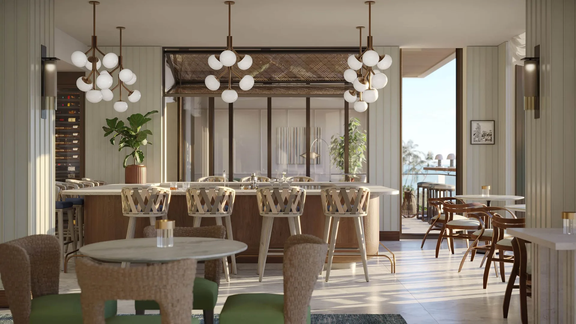 Cocina salon en Rosewood Residences Naples con isla de piedra, gabinetes de madera calida y paneles verticales texturizados