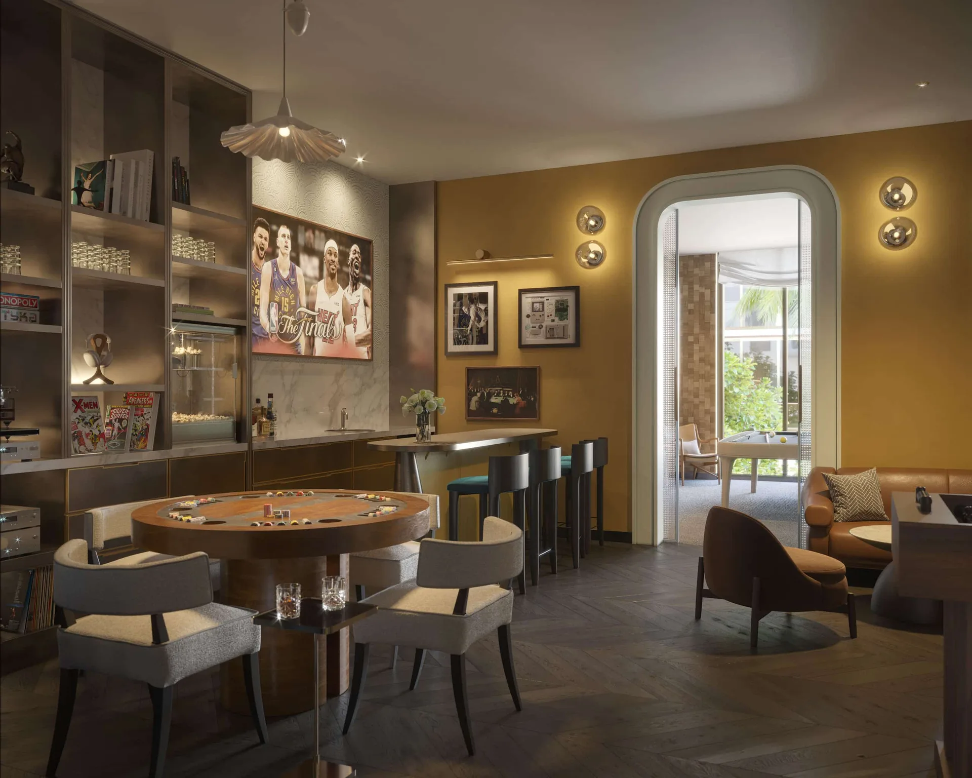 Sala de juegos en Rosewood Residences Naples con mesa de juego circular, estanterias a medida y arco de cristal