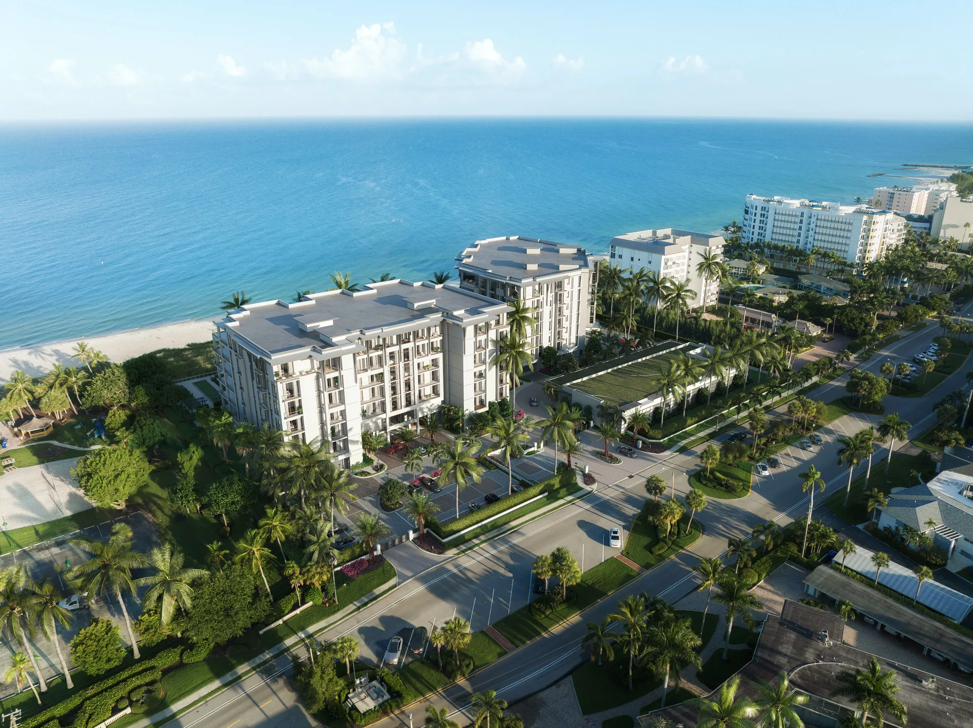 Vista aerea de dron de Rosewood Residences Naples con el complejo, el paisaje y la costa del Golfo