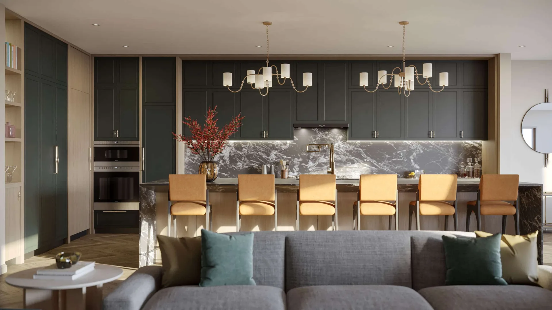 Cocina y sala de estar en Rosewood Residences Naples con gabinetes verde oscuro, salpicadero de marmol y luz natural calida