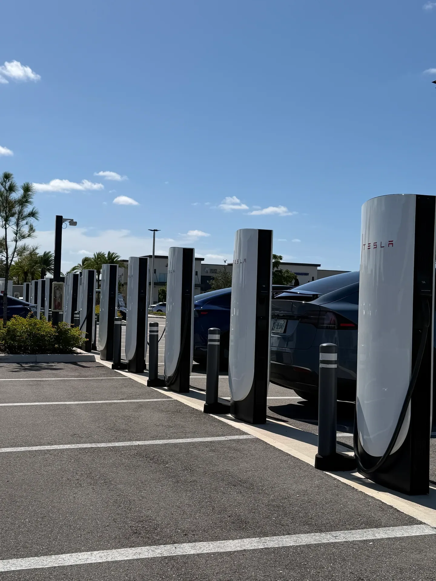 Tesla Supercharger station at the Shops at Yellow Pine in Babcock Ranch