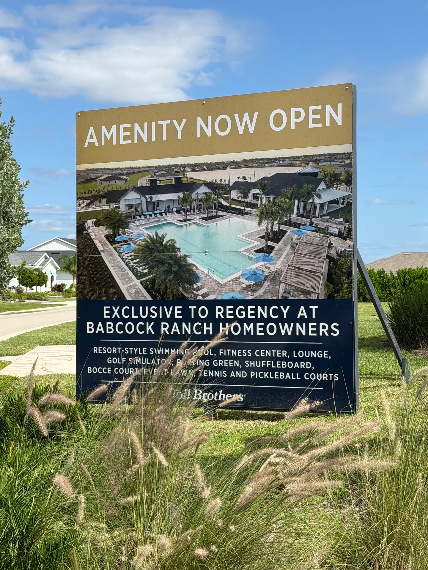 Community amenity sign at Regency at Babcock Ranch, framed by tropical landscaping