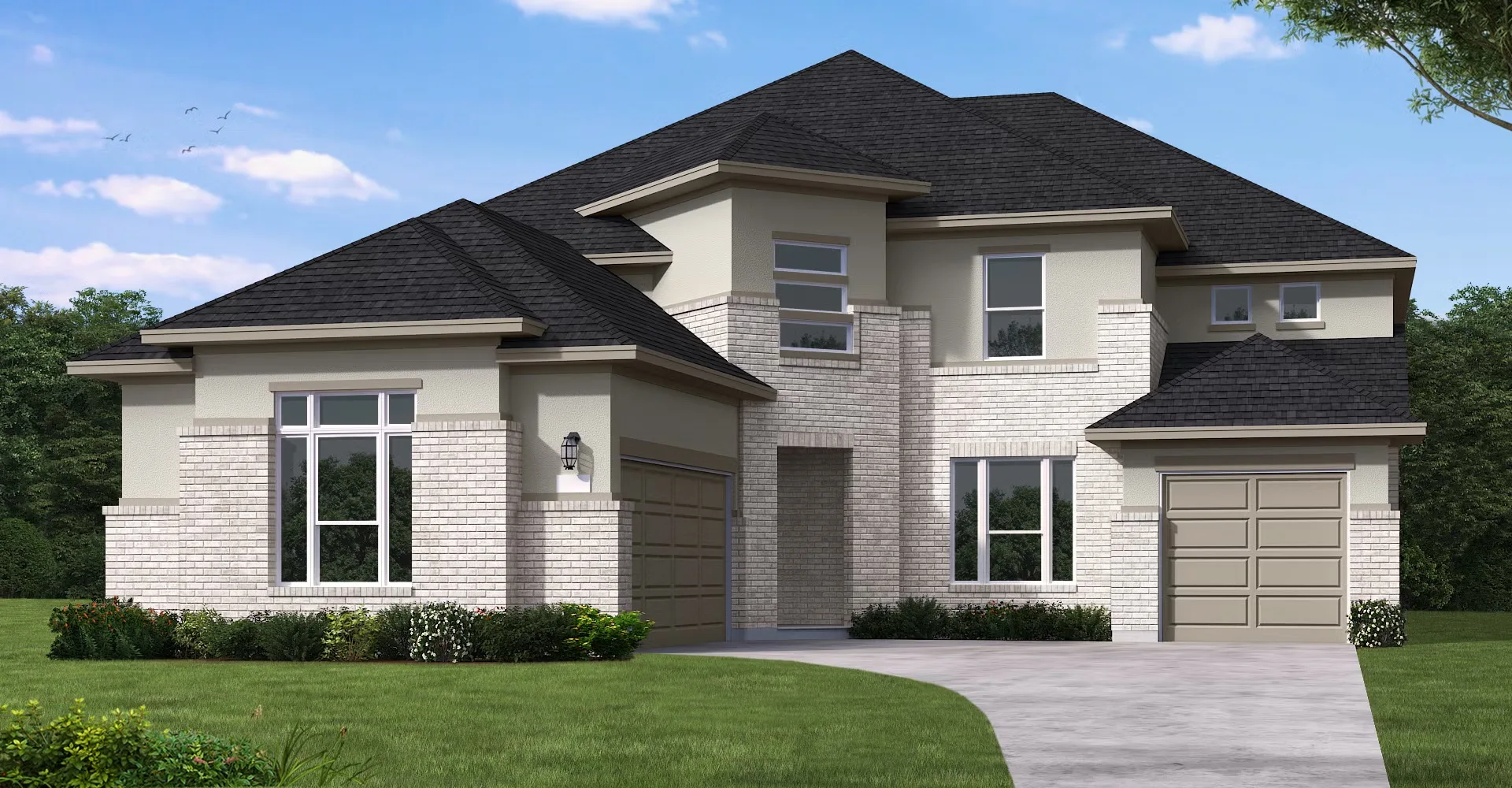 The Coventry Lockhart, a two-story cream stucco and light stone new-construction home with a dark roof at Pecan Square in Northlake, Texas