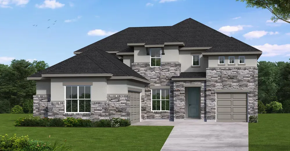 Front exterior rendering of the Coventry Homes Claude model at Pecan Square in Northlake, Texas