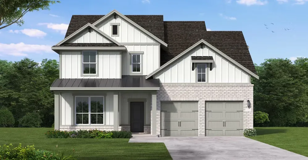 Modern farmhouse exterior of the Coventry Homes Mineola model at Pecan Square in Northlake, Texas