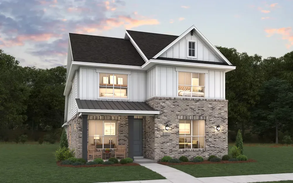 Modern farmhouse exterior of the Coventry Homes Zapata model at Pecan Square in Northlake, Texas