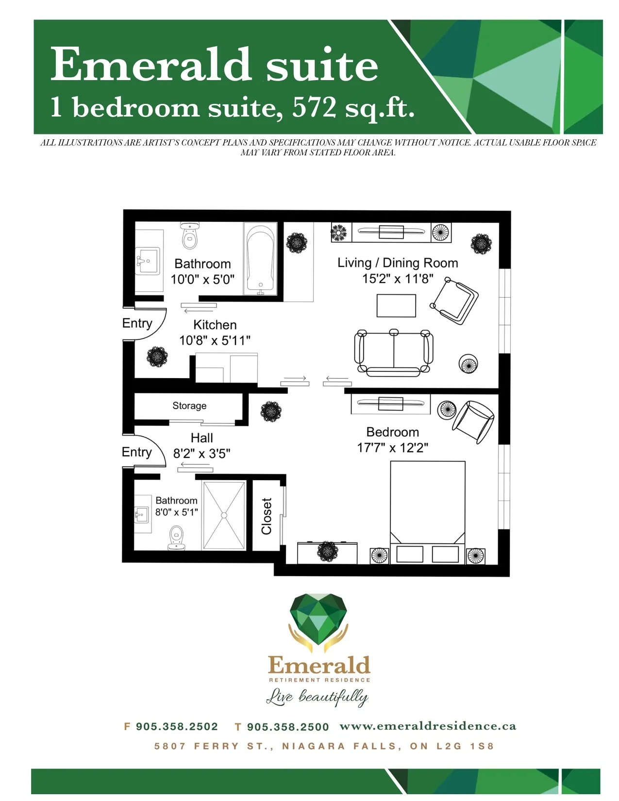 The Emerald suite floor plan at Emerald Residence, a one-bedroom layout with living, dining and bedroom areas
