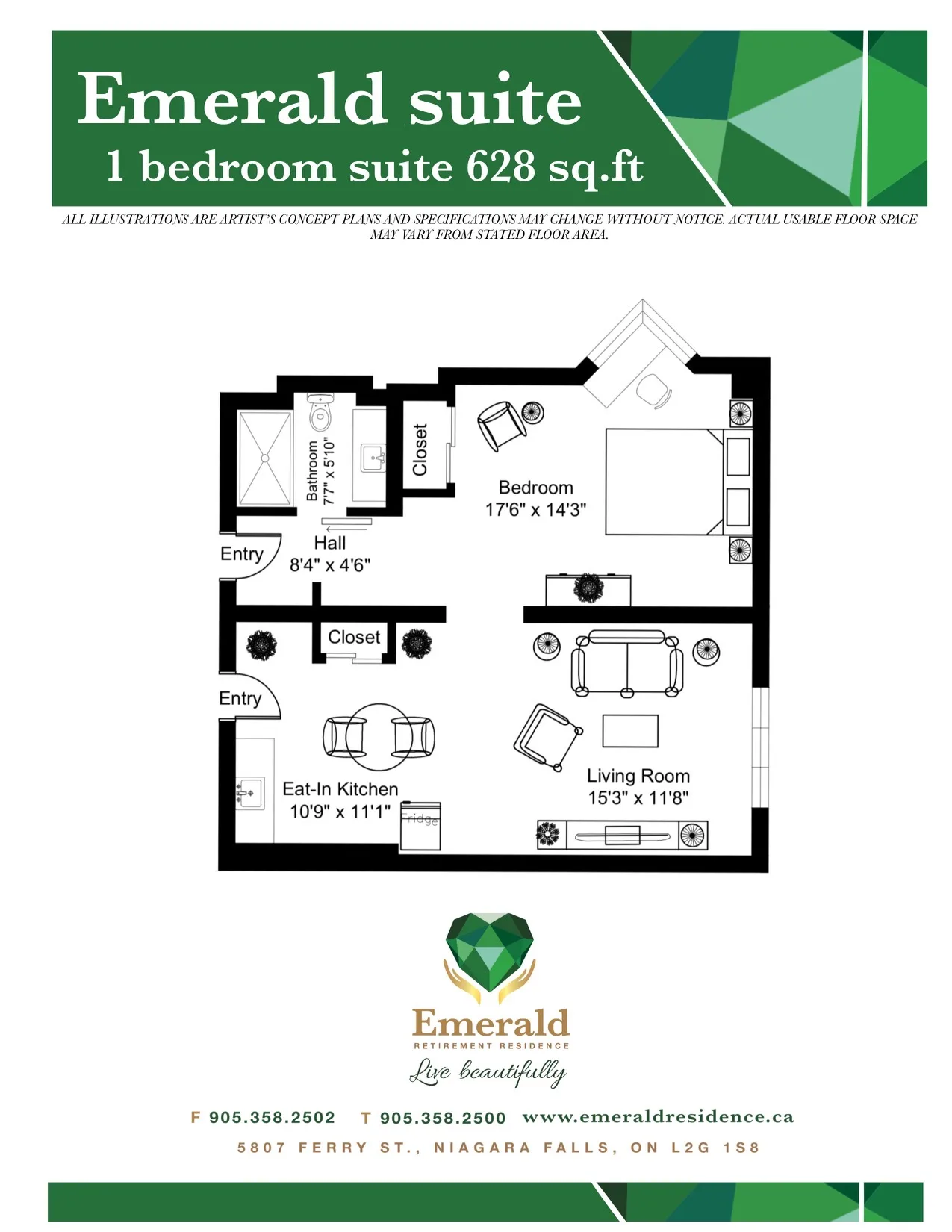 A second one-bedroom floor plan at Emerald Residence, showing a one-bedroom apartment layout with living, dining, kitchen, bedroom and bathroom areas