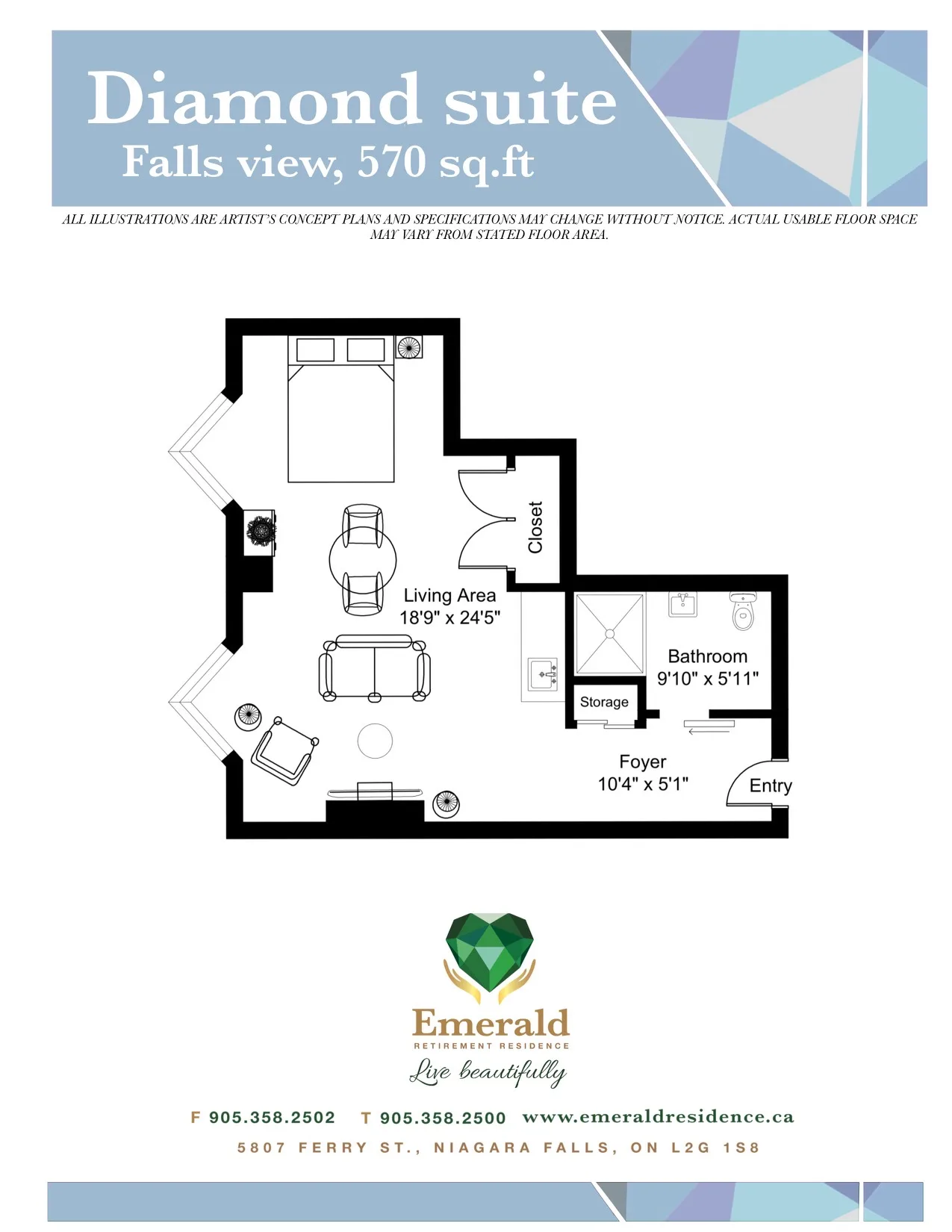The Diamond suite floor plan at Emerald Residence, showing the bedroom and living area arrangement