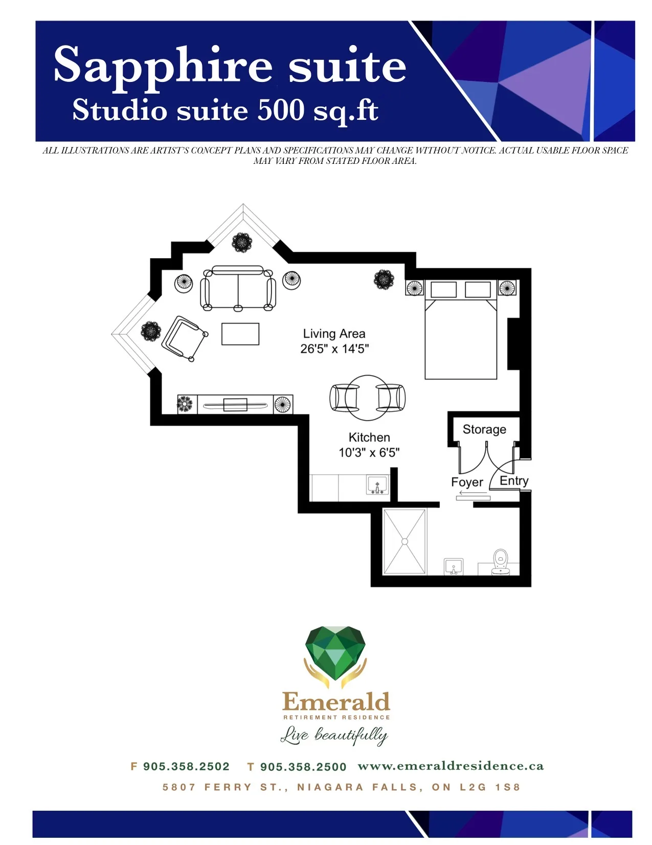 The Sapphire Suite floor plan at Emerald Residence, a studio layout with a living area, a kitchen, storage, an entry foyer and a bathroom