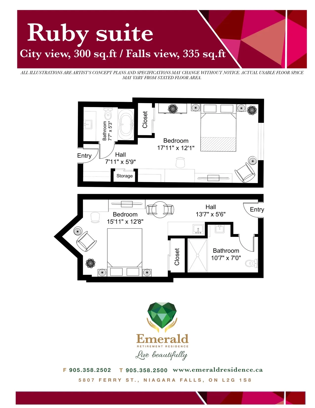 The Ruby suite floor plan at Emerald Residence, showing two variations of the studio layout