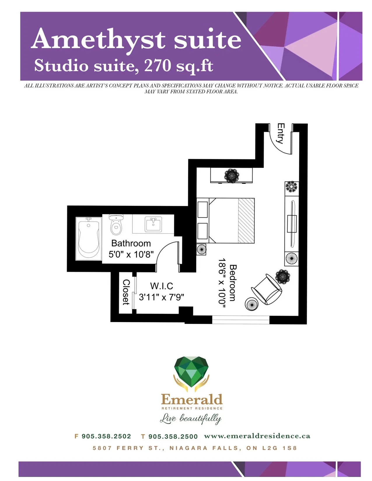 The Amethyst Suite floor plan at Emerald Residence, a studio layout with an entry, a bedroom area, a walk-in closet and a bathroom