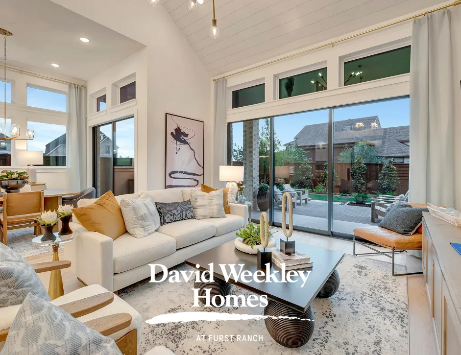 David Weekley Homes model home living room at Furst Ranch in the Flower Mound–Argyle area of Texas