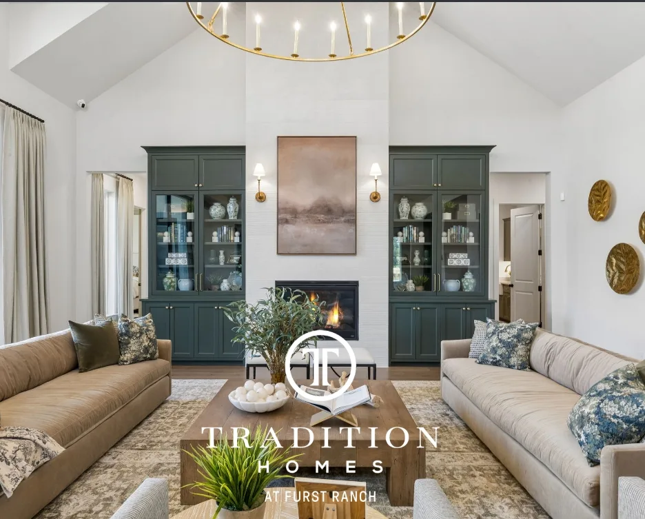 Tradition Homes model home living room at Furst Ranch in the Flower Mound–Argyle area of Texas