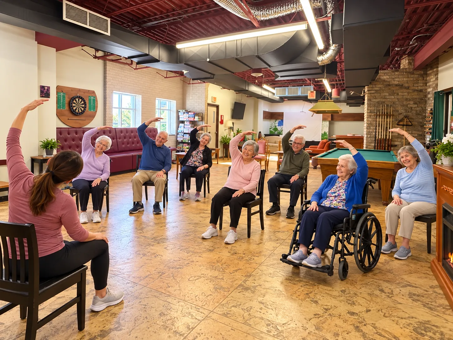 Residents joining a chair yoga class in the bright activity room at Emerald Residence, led by a wellness instructor