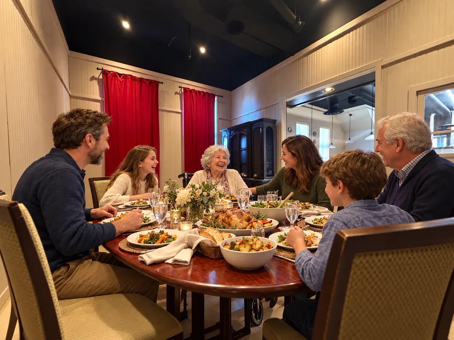 Residents and their families sharing a warm restaurant-style meal together in the dining room at Emerald Residence