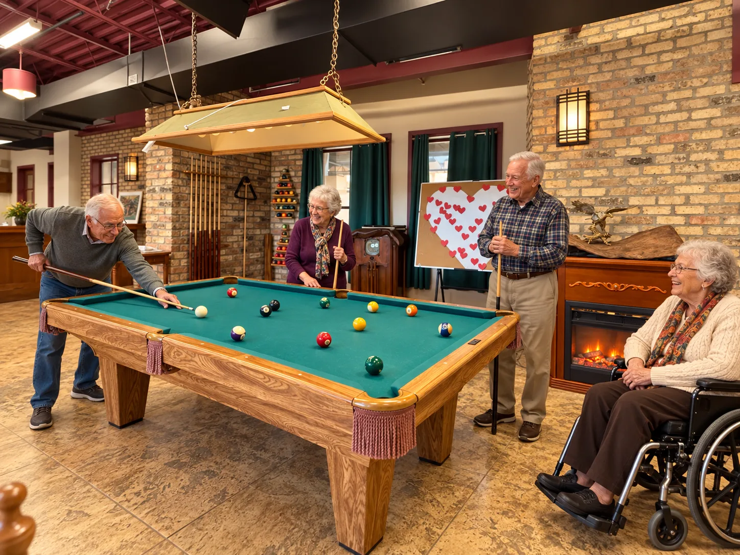 Residents enjoying a friendly game of billiards in the recreation room at Emerald Residence