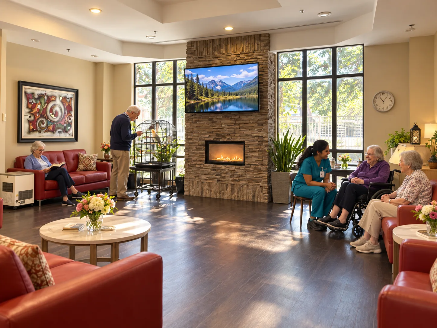Residents and a care team member relaxing together in the sunny lounge with a fireplace at Emerald Residence