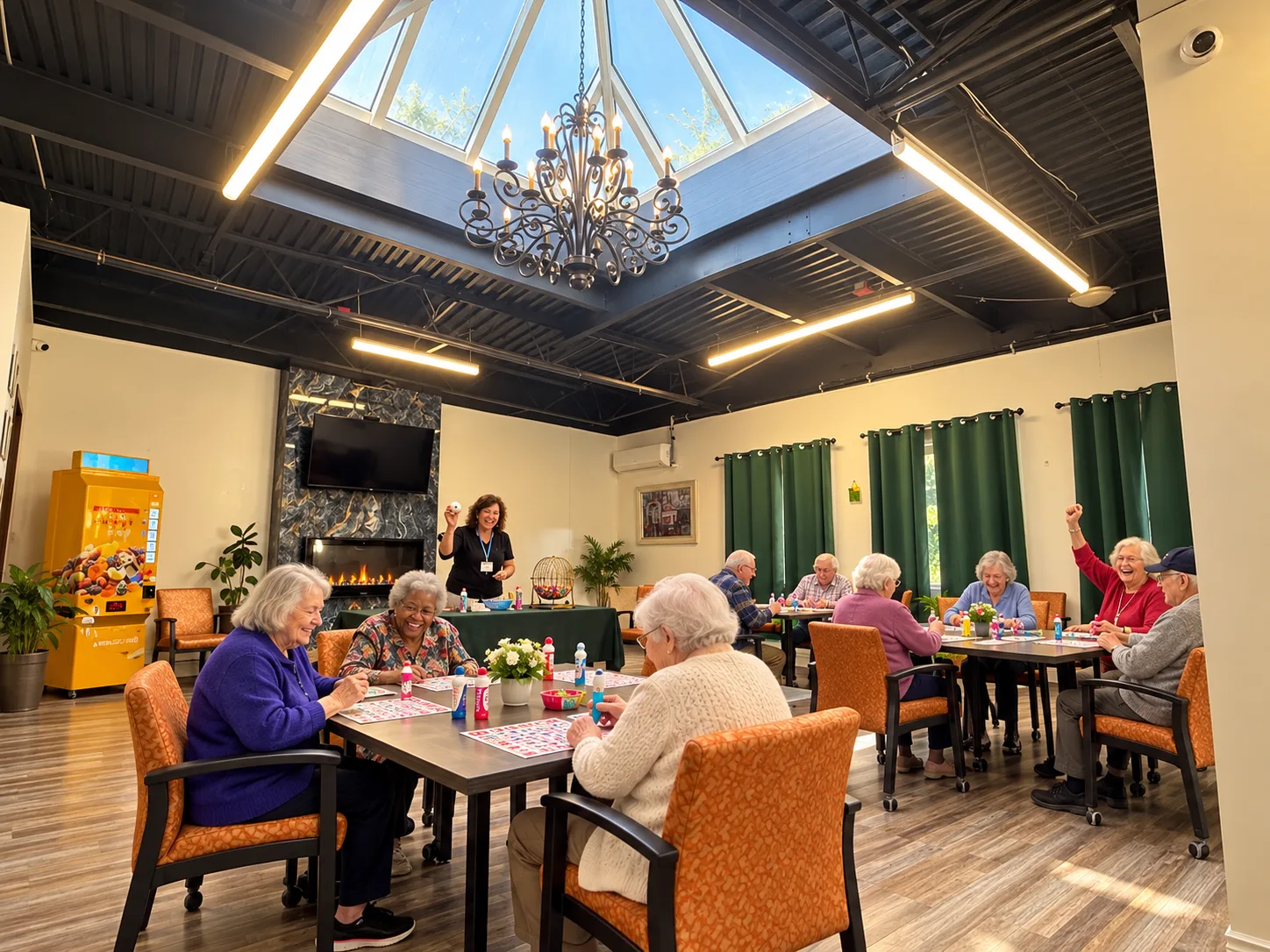 Residents enjoying a lively bingo game together in the activity room at Emerald Residence