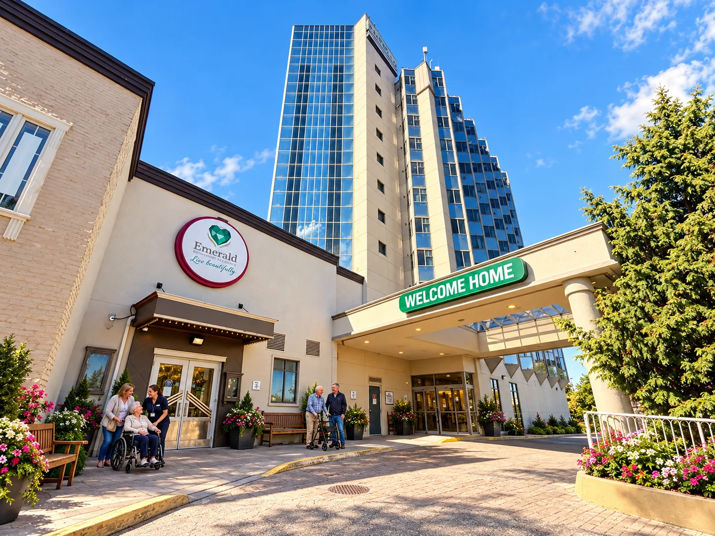 The sunny entrance of Emerald Residence, a bright modern retirement residence in Niagara Falls welcoming residents home