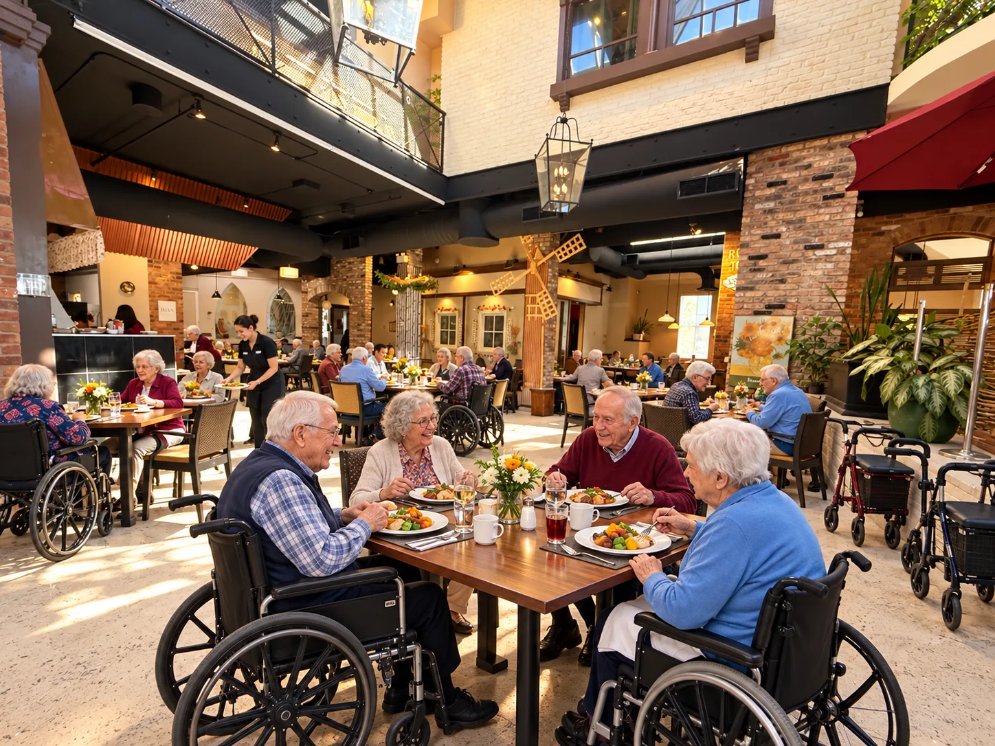 Residents gathering for a meal in the warm, light-filled dining atrium at Emerald Residence