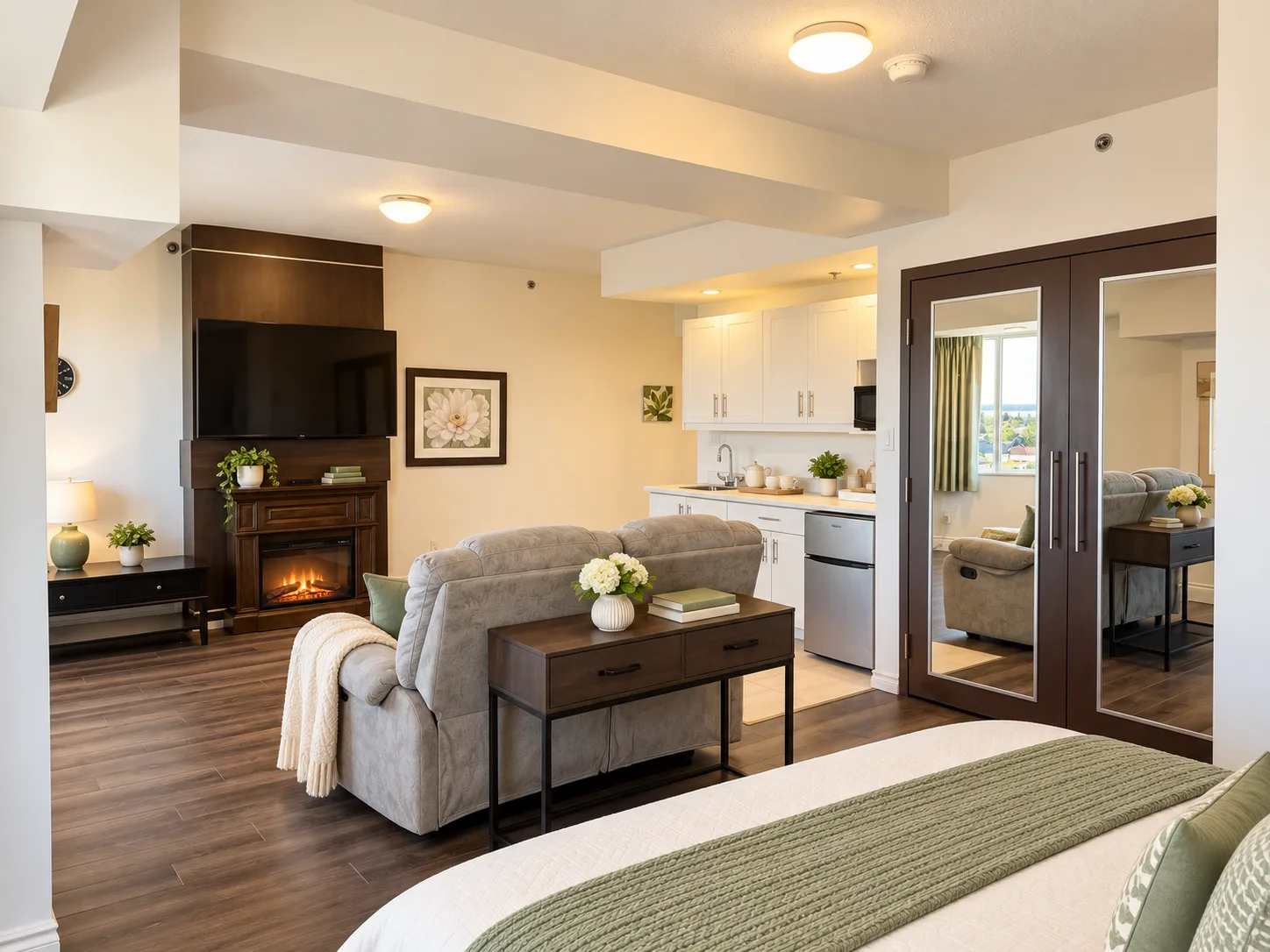 The Diamond Suite bedroom at Emerald Residence with a kitchenette, fireplace surround and mirrored closet doors