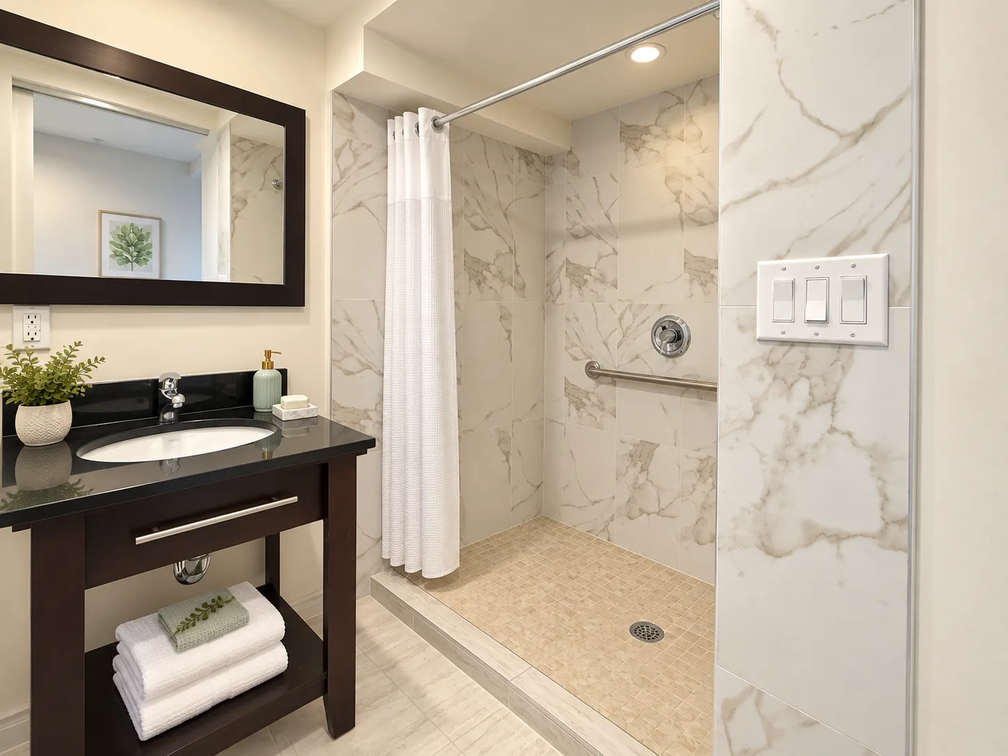 The Diamond Suite bathroom at Emerald Residence with a vanity and a walk-in shower