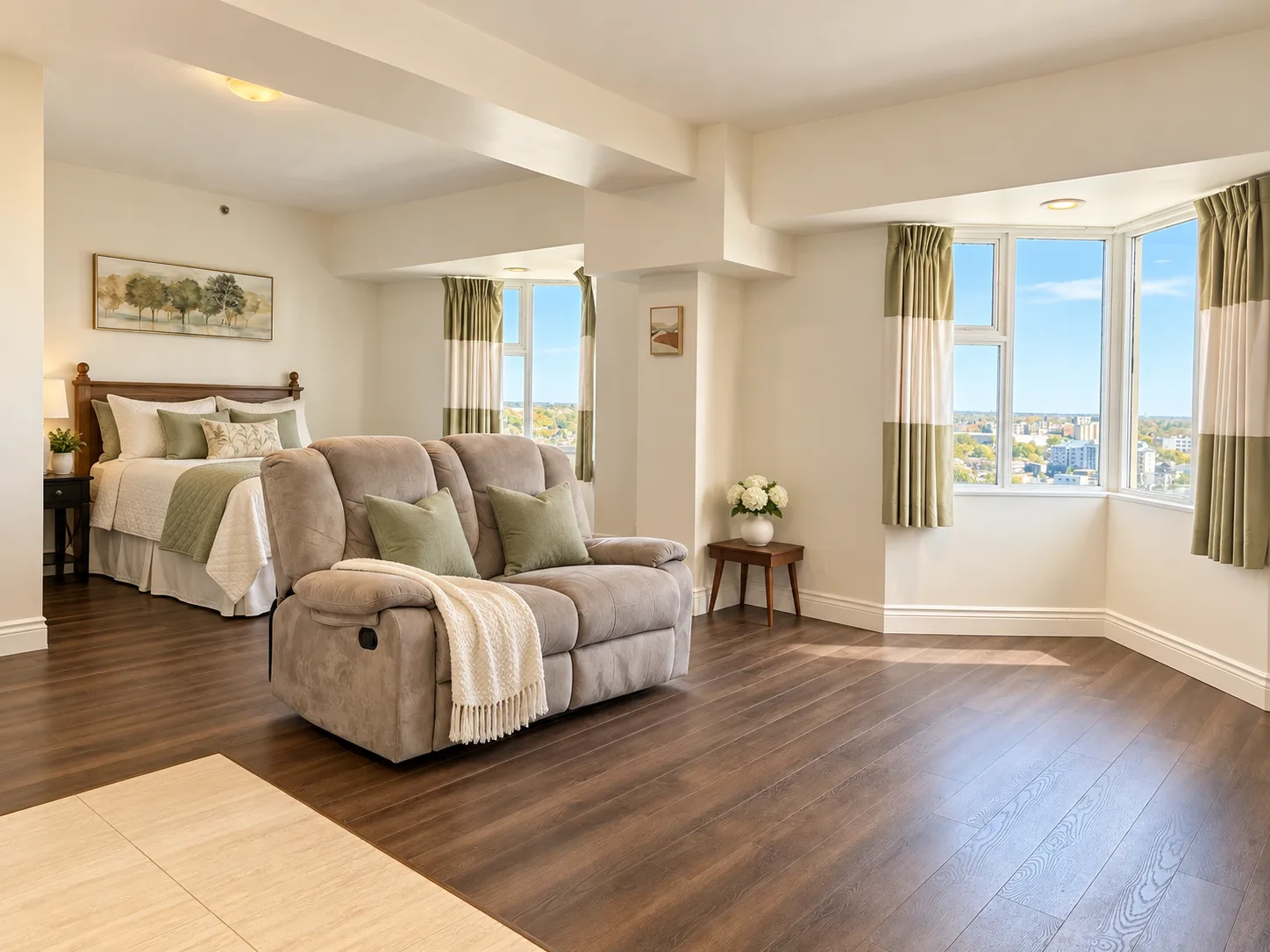 The Diamond Suite master bedroom at Emerald Residence with floor-to-ceiling windows and a city view