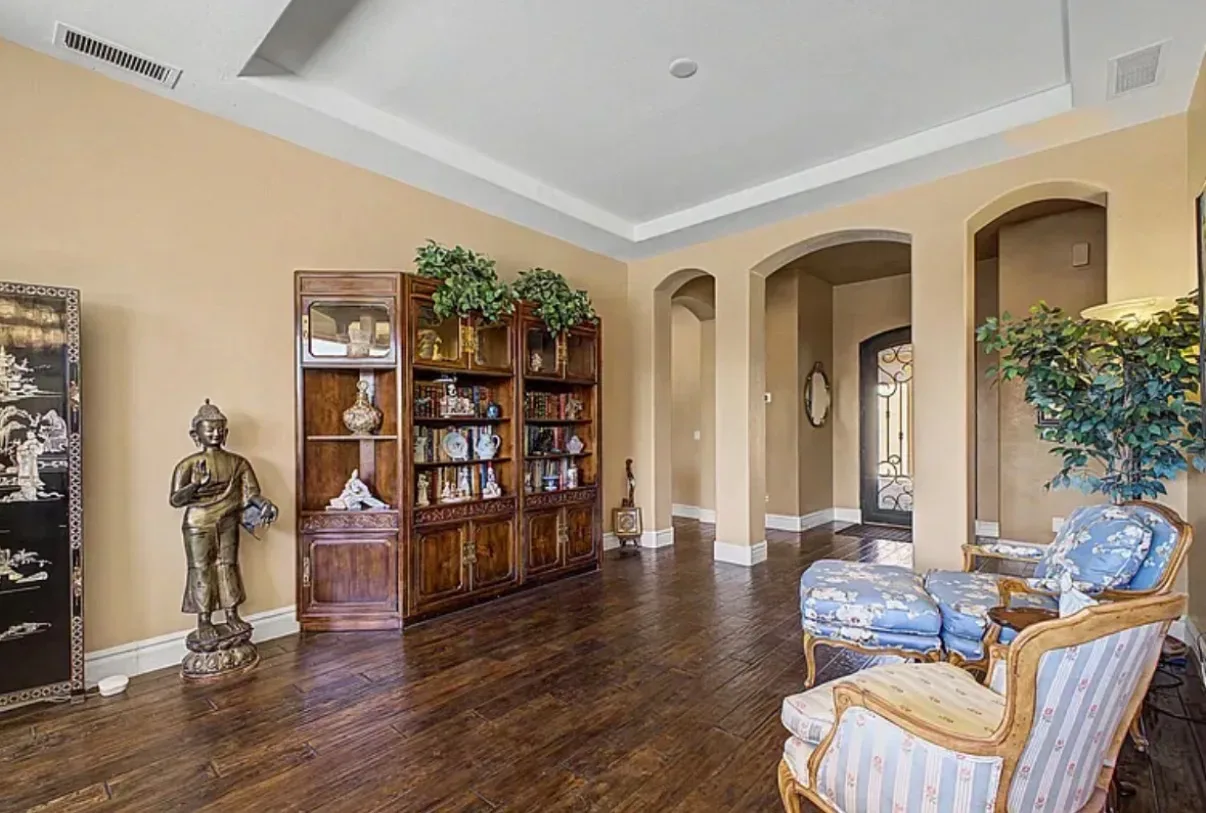 Open living room and foyer with arched openings and dark wood floors
