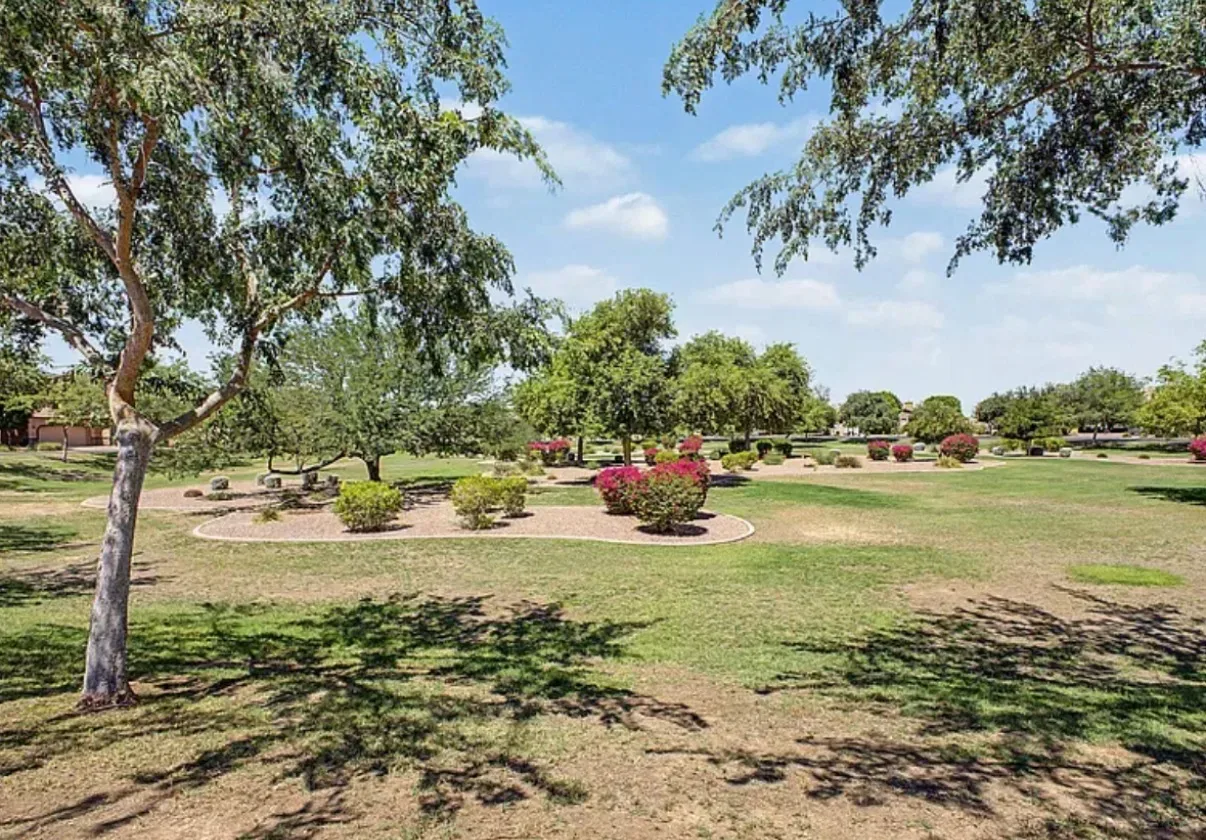 Community greenbelt with mature trees and manicured lawn