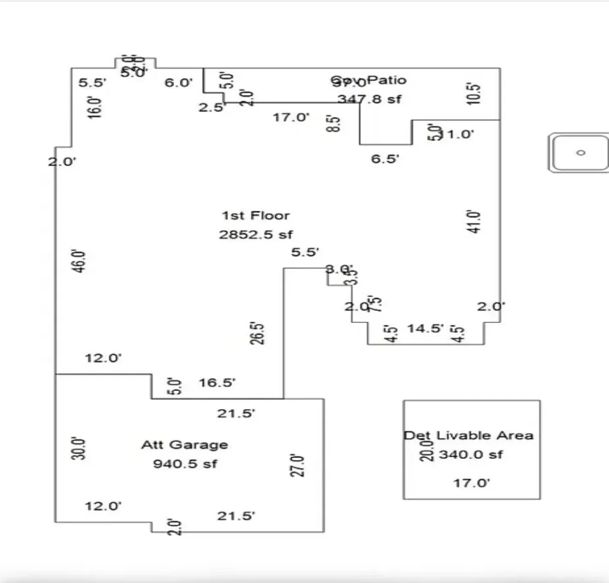 Floor plan schematic of the main floor, garage, patio, and detached guest casita