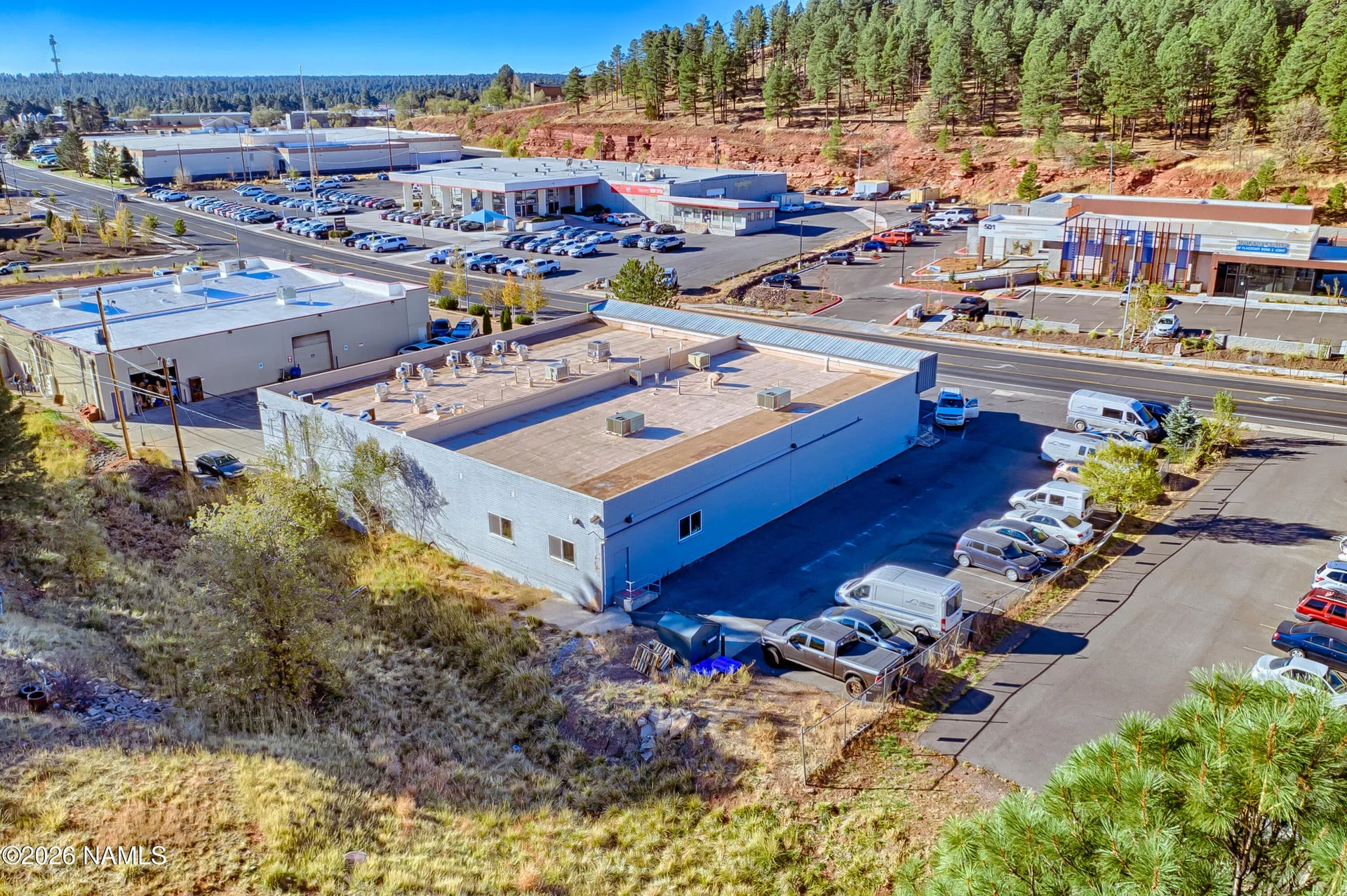 Aerial view of the commercial building at 460 N Switzer Canyon Dr in Flagstaff, Arizona