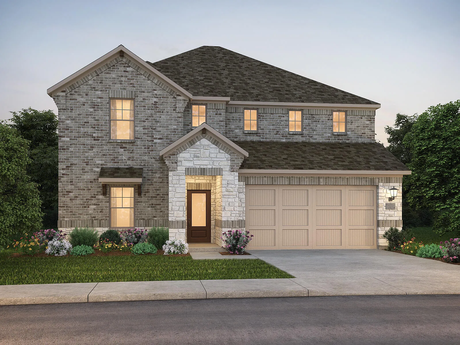 Twilight view of a new construction home in North Texas