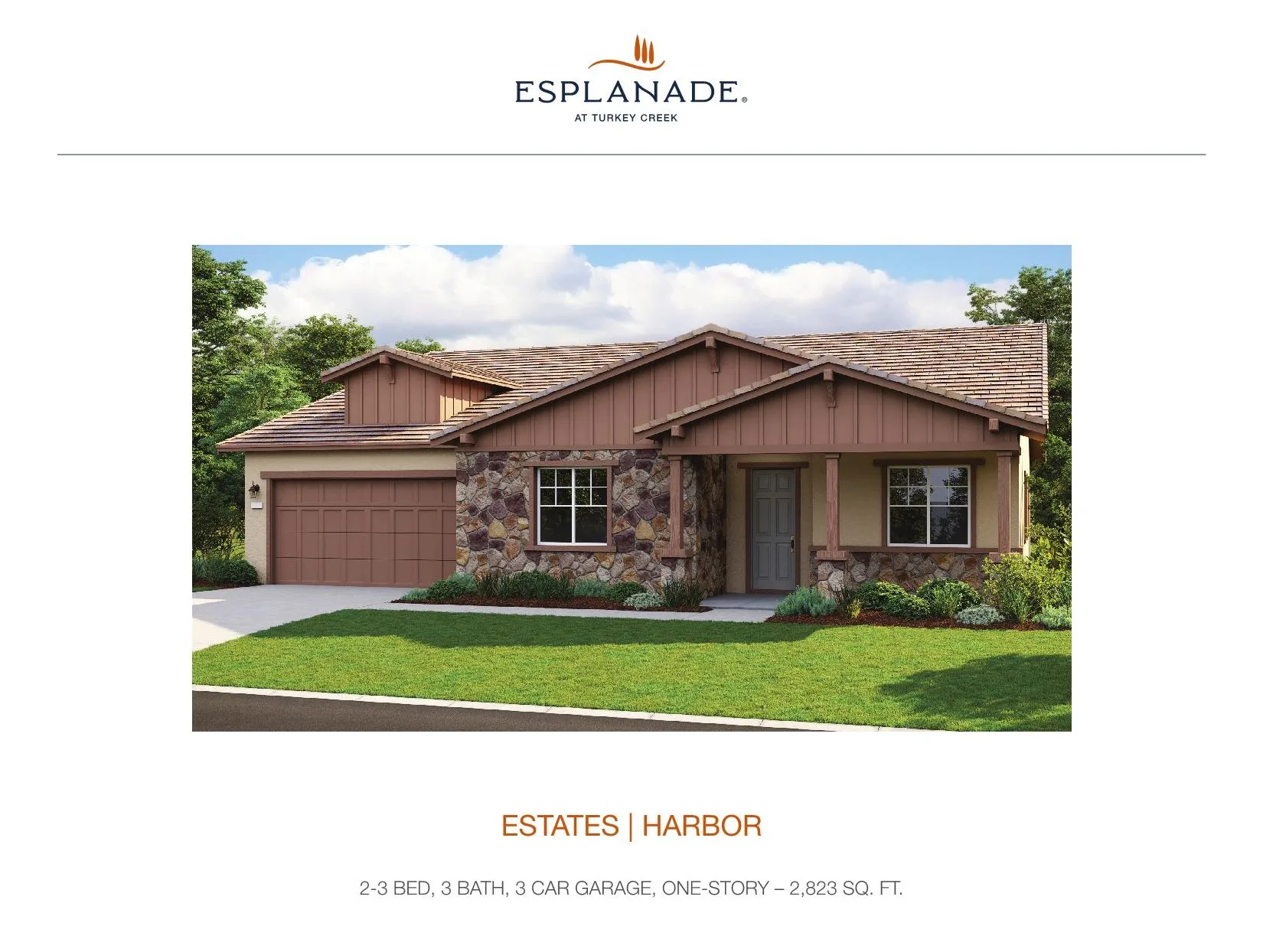 Front elevation rendering of the Harbor floor plan in the Estates collection at Esplanade at Turkey Creek in Lincoln, California, by Taylor Morrison: builder-provided, illustrative only, subject to change.